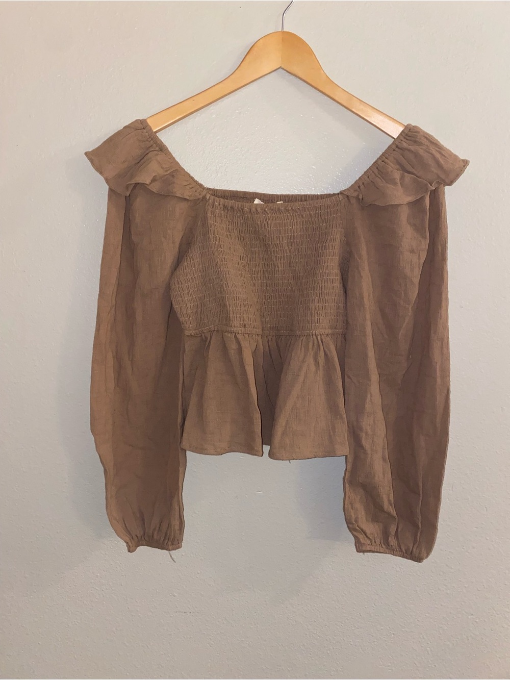 Peach Love California Brown Boho Smocked Peplum Ruffle Top Size Small
